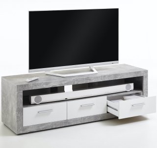 Meuble TV TOULON coloris gris béton et blanc brillant 3 tiroirs 1 plateau 